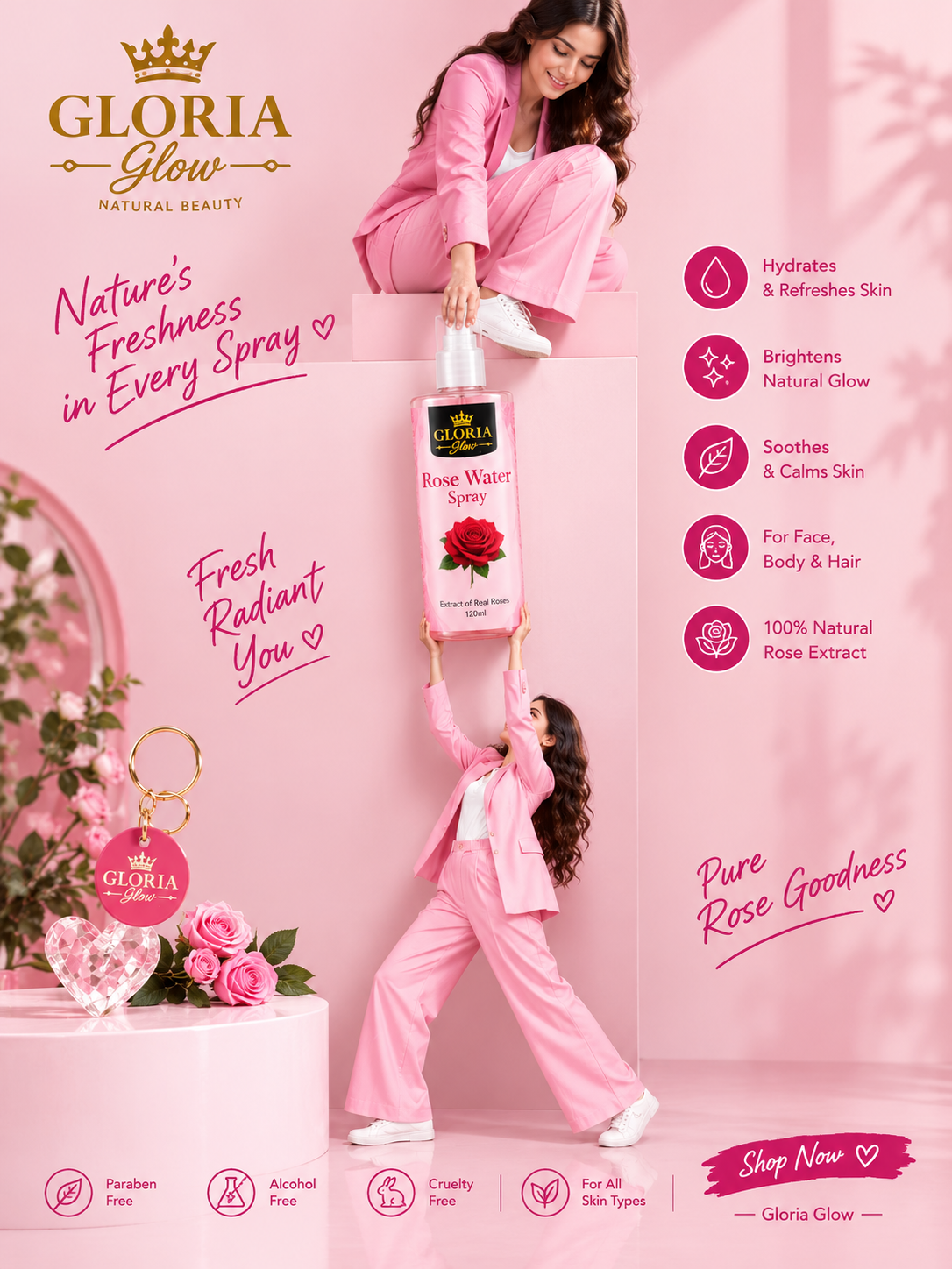 Gloria Glow Rose Water Spray 120ml ā Refreshing Facial Mist