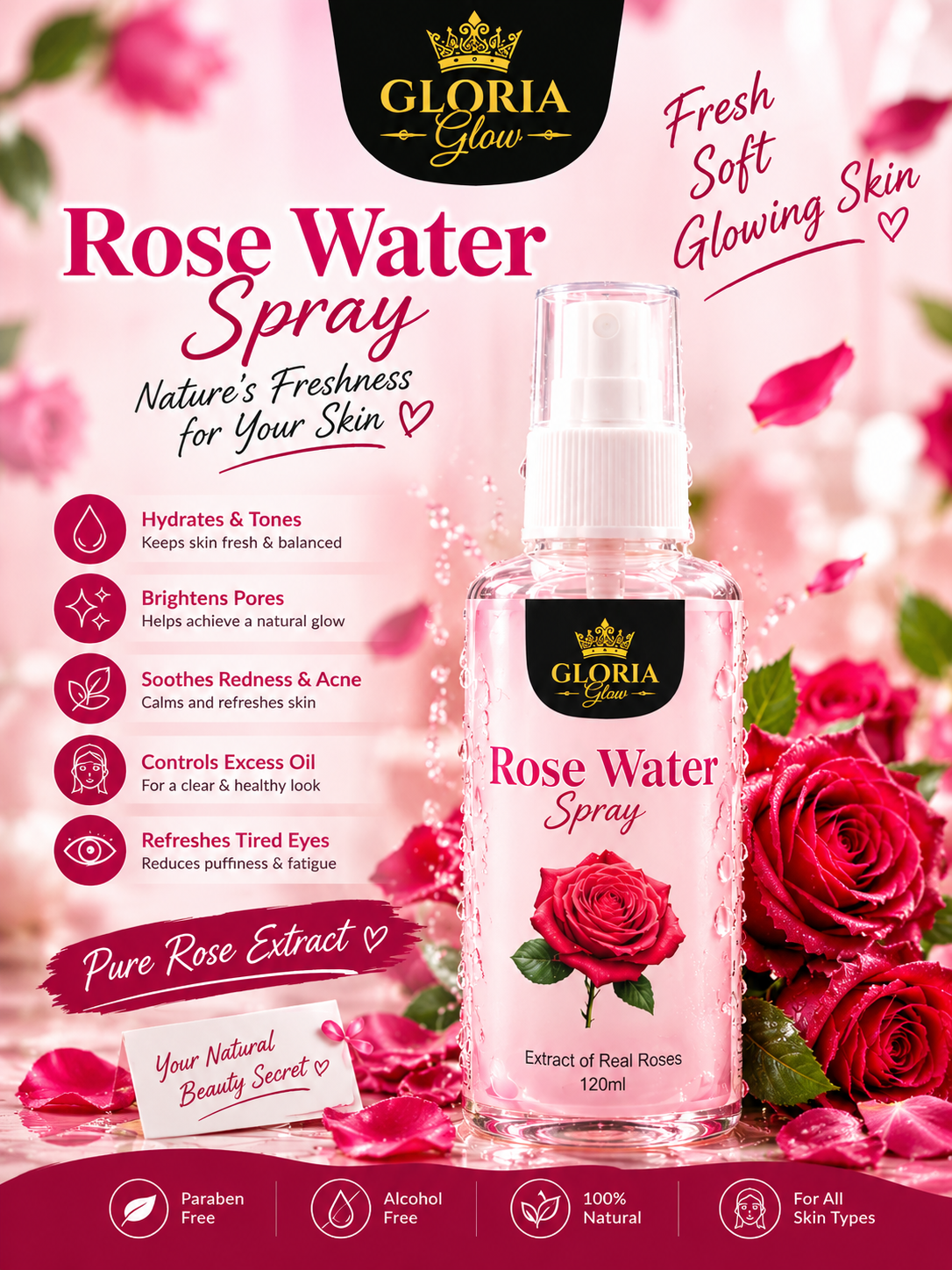 Gloria Glow Rose Water Spray 120ml ā Refreshing Facial Mist