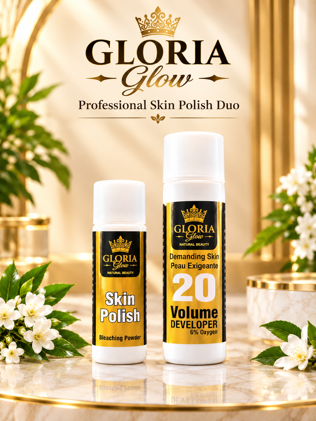 Gloria Glow Professional Skin Polish Duo – Skin Polish Bleaching Powder & 20 Volume Developer 6% Oxygen